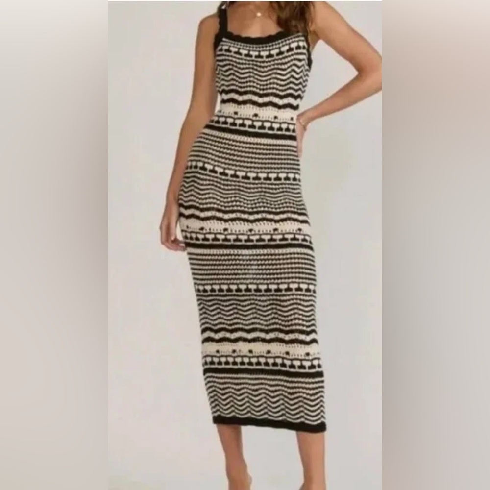 JOIE Crochet Knit Sleeveless Midi Dress M Navy White Stripe Coastal Resortwear